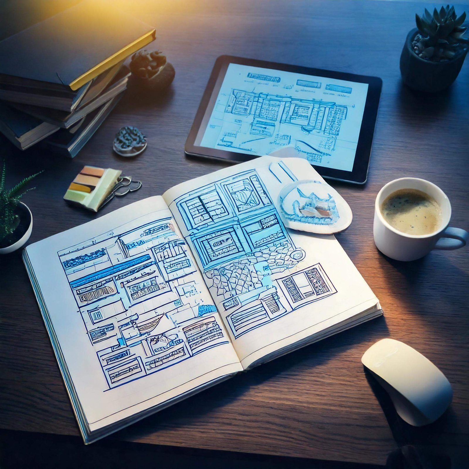 Un espace de travail comprenant des ressources d’apprentissage en ligne, dont une tablette affichant un cours de design web, idéal pour les futurs designers web.