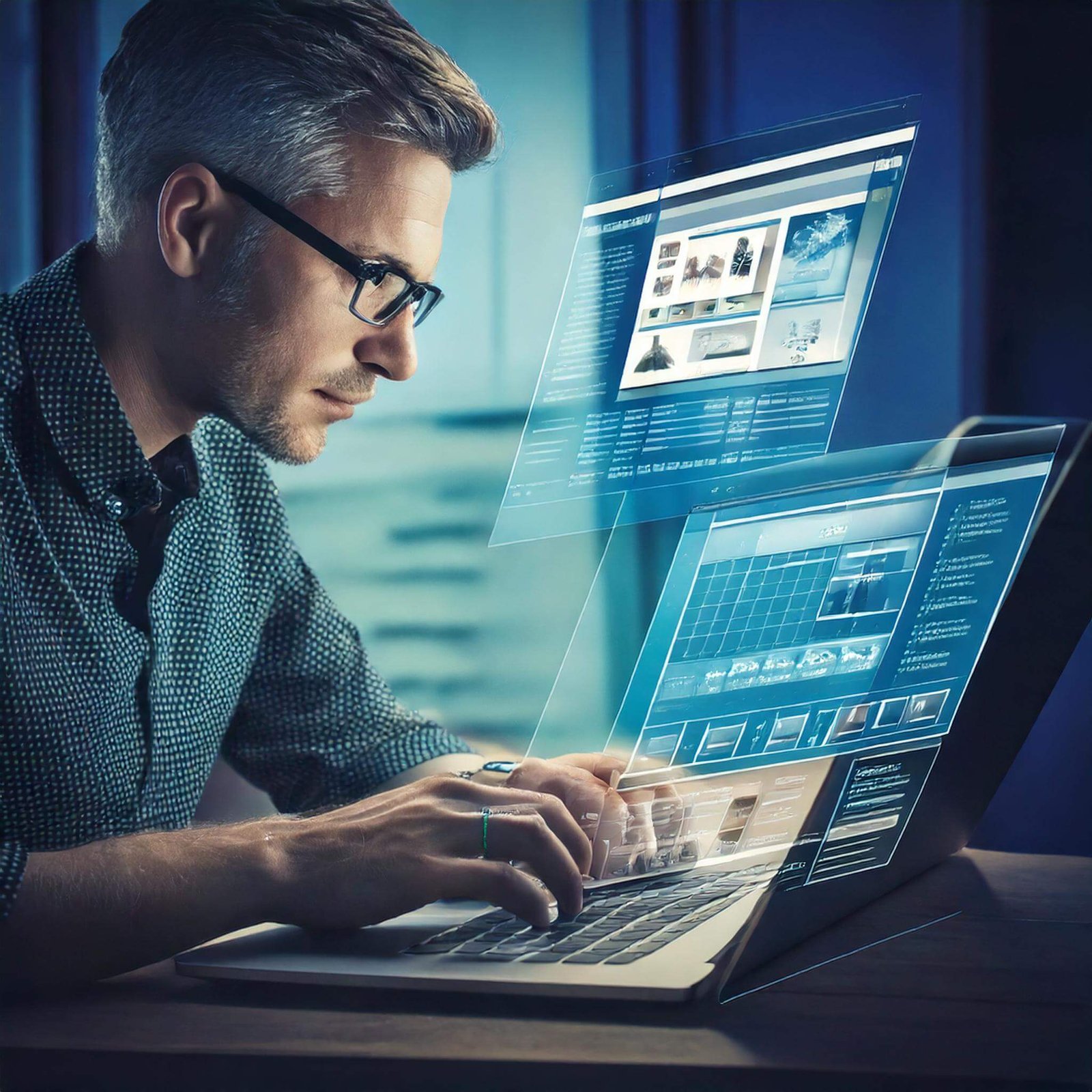 Une image divisée illustrant un designer travaillant sur un ordinateur portable tandis que le site correspondant est affiché, mettant en avant le rôle d'un webdesigner.